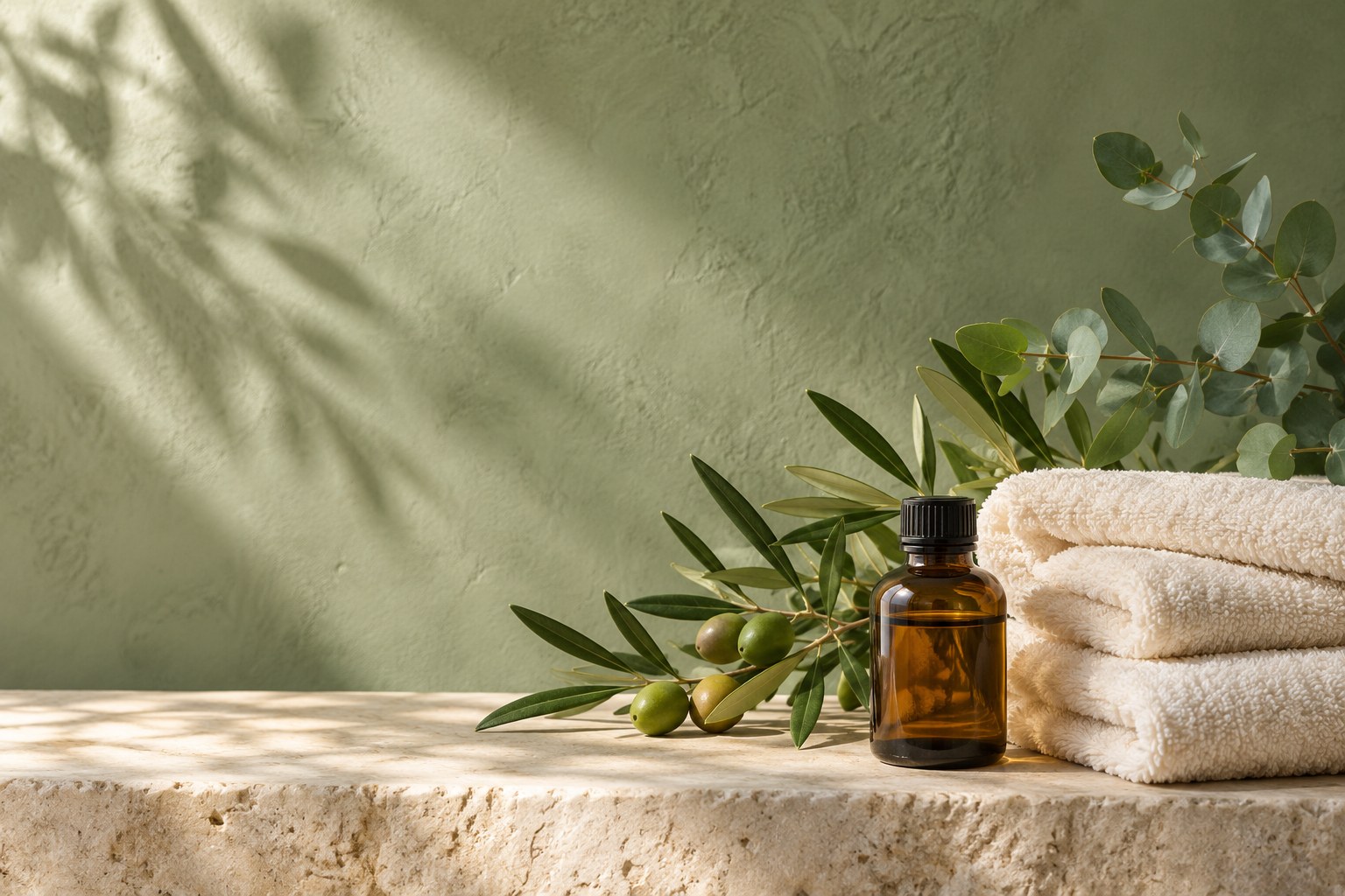 Massage oil, soft folded towels and fresh green leaves in warm natural light